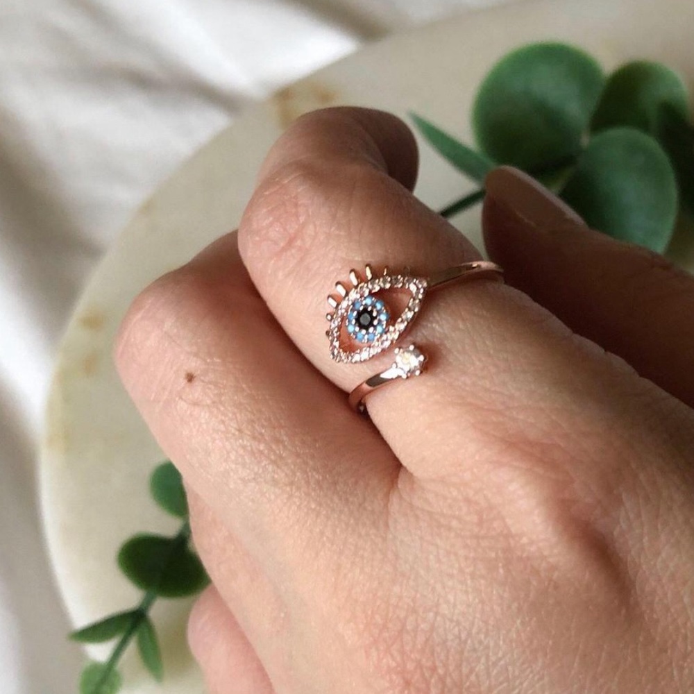 Rose Gold Turquoise Evil Eye Wrap Ring - Picture 3 of 4